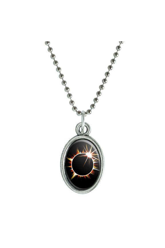 Total Solar Eclipse Painted Antiqued Oval Charm Pendant with Chain