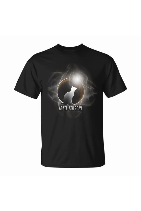 Total Solar Eclipse Tee Cat Theme April 8 2024 Event Unisex Adult Cotton Funny Astronomy Souvenir Graphic Shirt, Size 4XL, Color Black
