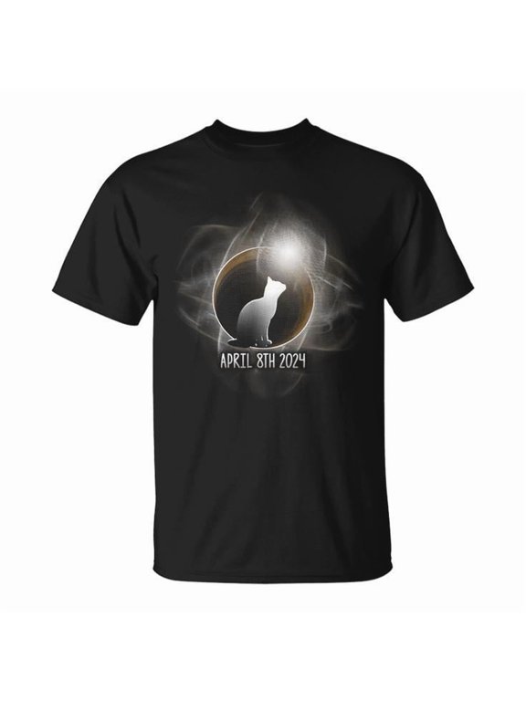 Total Solar Eclipse Tee Cat Theme April 8 2024 Event Unisex Adult Cotton Funny Astronomy Souvenir Graphic Shirt, Size S, Color Black