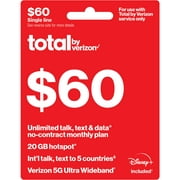 Total by Verizon $60 No-Contract Single-Device Unlimited Talk, Text & Data Plan + 20GB Hotspot Data + Int'l Calling & Disney+ e-PIN Top Up (Email Delivery)