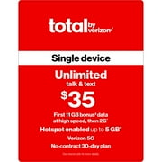 Total by Verizon (formerly Total Wireless) $35 Unlimited Talk & Text Single Device 30-Day Prepaid Plan (11GB at High Speeds) + 5GB of Mobile Hotspot Direct Top Up
