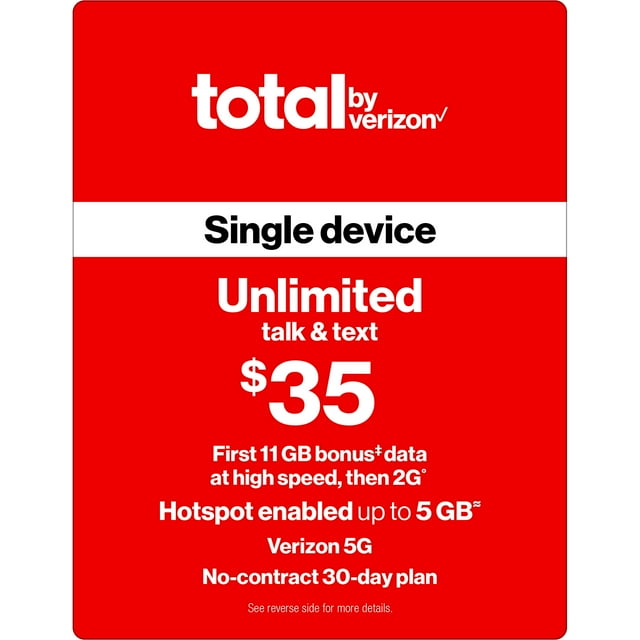 Total by Verizon (formerly Total Wireless) $35 Unlimited Talk & Text Single Device 30-Day Prepaid Plan (11GB at High Speeds) + 5GB of Mobile Hotspot Direct Top Up