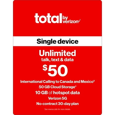 Total by Verizon (formerly Total Wireless) $50 Unlimited Single Device 30-Day Prepaid Plan + 10GB of Mobile Hotspot + Int'l Calling & Cloud Storage Direct Top Up