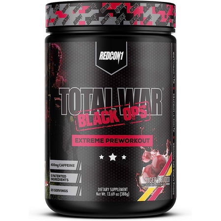 REDCON1 Total War Black Ops Extreme Preworkout Powder, Tigers Blood, High Stimulant, 400 mg Caffeine, NO3-T Nitrates + L-Citrulline, Increase Blood Flow, Muscle Pumps (20 Servings)