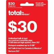 Total by Verizon $30 No-Contract Single-Device Unlimited Talk & Text Monthly Plan (5GB at High Speed) + Int'l Calling Direct Top Up