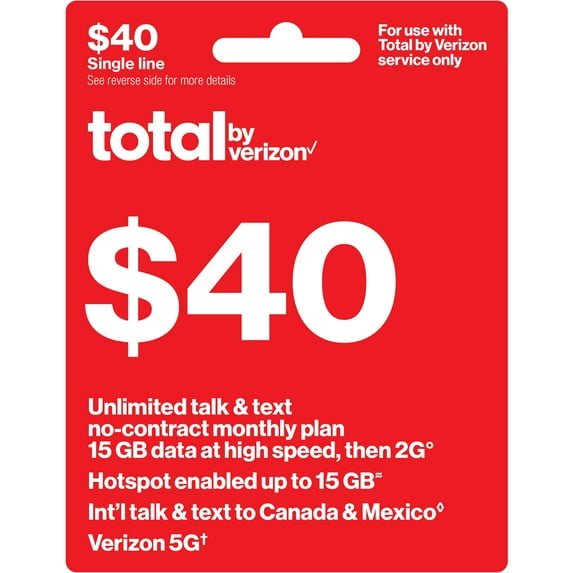 Total by Verizon $40 No-Contract Single-Device Unlimited Talk & Text Monthly Plan (15GB at High Speed) + Int'l Calling e-PIN Top Up (Email Delivery)