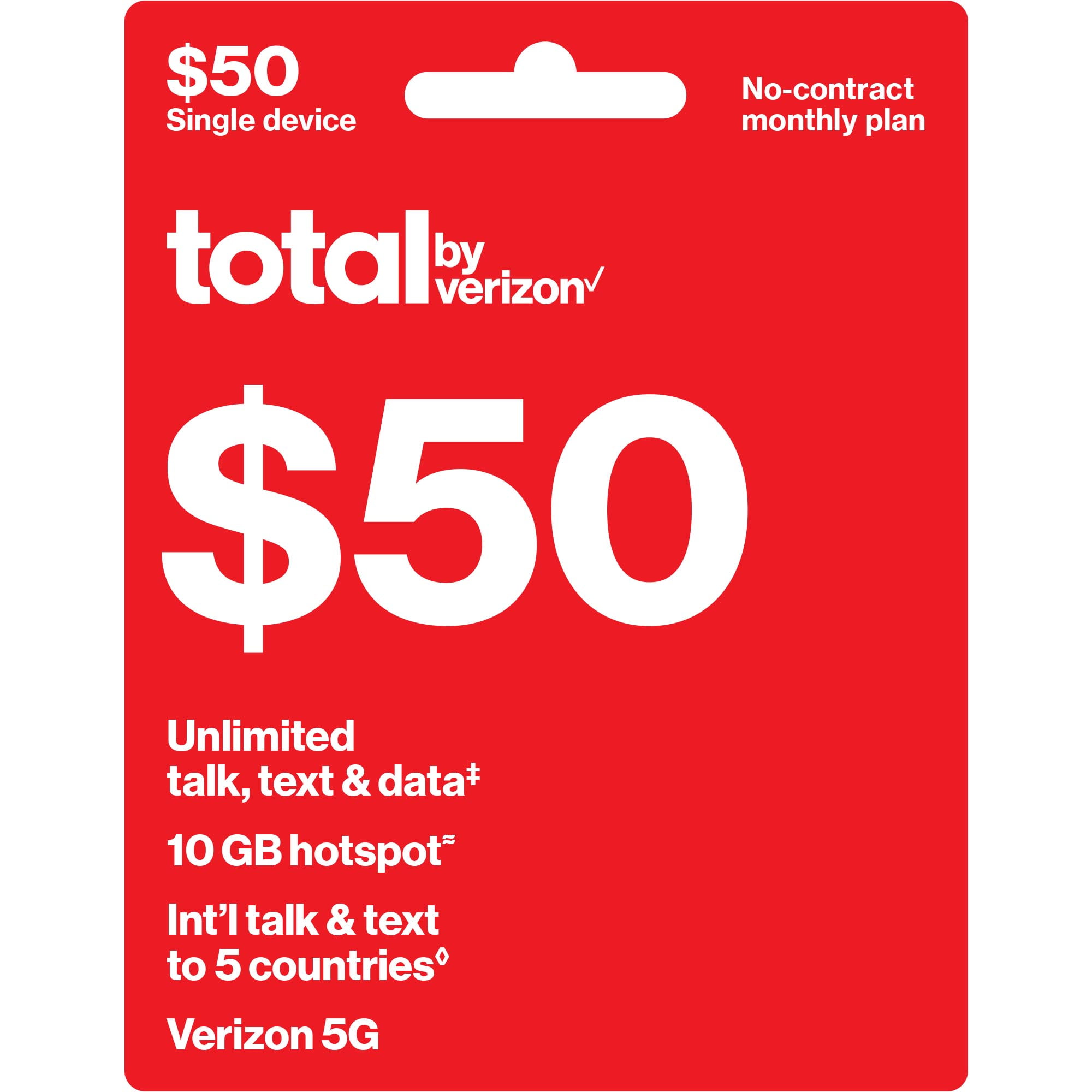 Glat det tvivler jeg på børn Total by Verizon $50 No-Contract Single-Device Unlimited Talk, Text & Data  Plan + 10GB Hotspot Data & Int'l Calling e-PIN Top Up (Email Delivery) -  Walmart.com