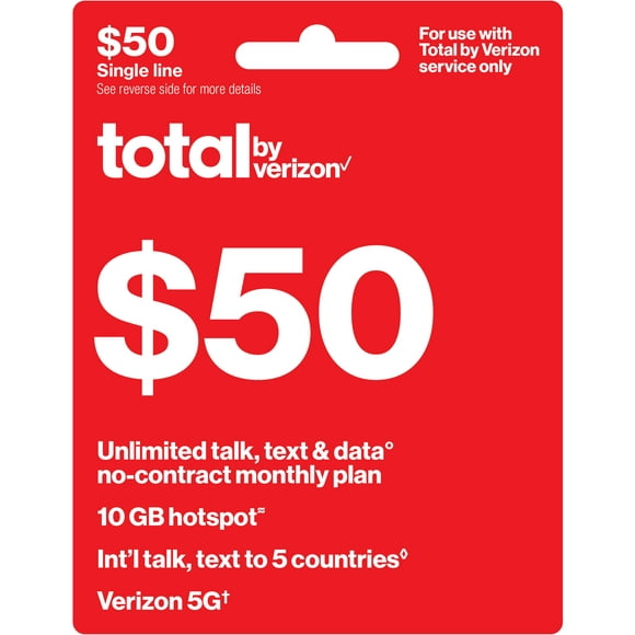 Total by Verizon $50 No-Contract Single-Device Unlimited Talk, Text & Data Plan + 10GB Hotspot Data & Int'l Calling Direct Top Up