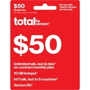 Total by Verizon $50 No-Contract Single-Device Unlimited Talk, Text & Data Plan + 10GB Hotspot Data & Int'l Calling e-PIN Top Up (Email Delivery)