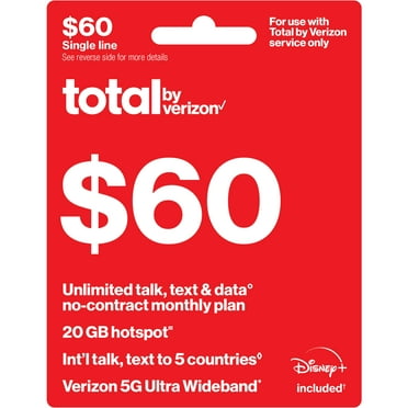 Total by Verizon $60 No-Contract Single-Device Unlimited Talk, Text & Data Plan + 20GB Hotspot Data + Int'l Calling & Disney+ Direct Top Up