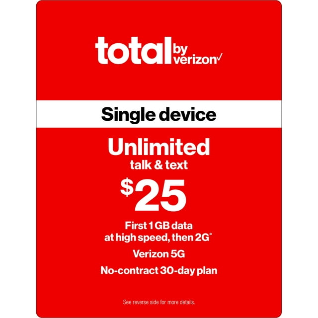 Total by Verizon (formerly Total Wireless) $25 Unlimited Talk & Text Single Device 30-Day Prepaid Plan (1GB at High Speed) Direct Top Up