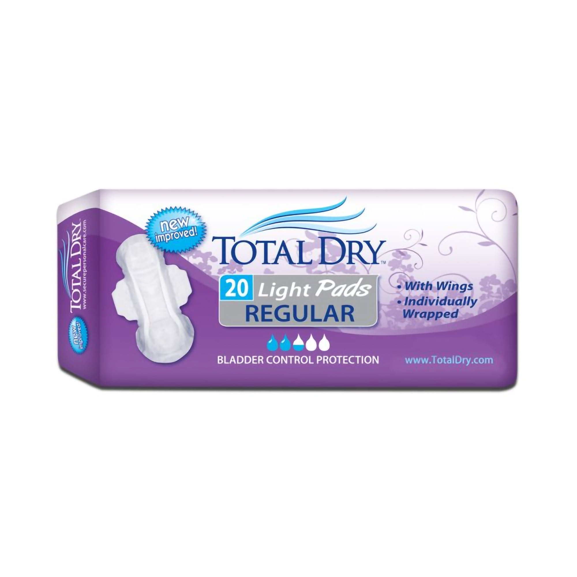 TotalDry Female Incontinence Pads with Wings, Light Absorbency, 11", 20