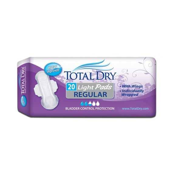 TotalDry Female Incontinence Pads with Wings, Light Absorbency, 11", 20 Count, 1 Pack