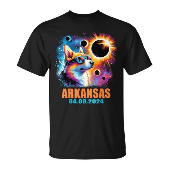 Totality Total Solar Eclipse 2024 Tee Arkansas Corgi Dog Theme Unisex Adult Cotton Funny Astronomy Event Souvenir Graphic Shirt, Size S, Color Black