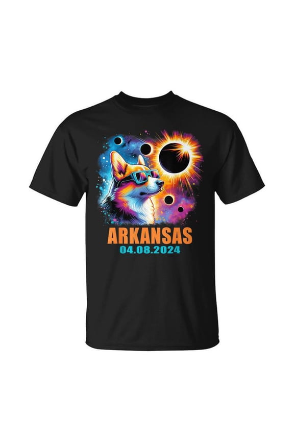 Totality Total Solar Eclipse 2024 Tee Arkansas Corgi Dog Theme Unisex Adult Cotton Funny Astronomy Event Souvenir Graphic Shirt, Size S, Color Black