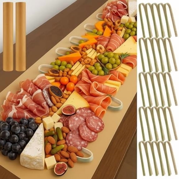 Totally 18 Inch x 200 Feet Charcuterie Paper Table Runner with 20 Bamboo Tongs Kraft Brown Butcher Paper Roll Charcuterie Disposable Grazing Table Runner Covering for Dining Birthday Wedding