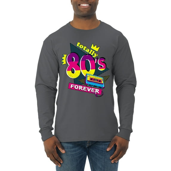 Totally 80's Forever Vintage Mens Long Sleeve Shirt, Charcoal, Large