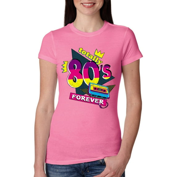 Totally 80's Forever Vintage Womens Slim Fit Junior Tee, Hot Pink, Large