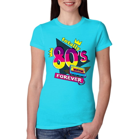 Totally 80's Forever Vintage Womens Slim Fit Junior Tee, Tahiti Blue, Small