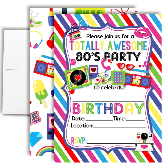 Totally Awesome 80s Birthday Invitations for Kids, 20 Fill-In Cards with Envelopes, 5x7 Children's Party Invitations, Birthday Party Supplies, Made in USA by Amanda Creation