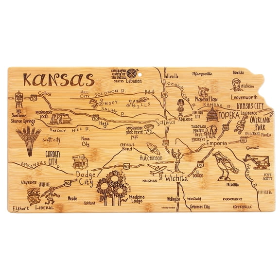 Totally Bamboo Destination Kansas Shaped Serving and Cutting Board, Includes Hang Tie for Wall Display