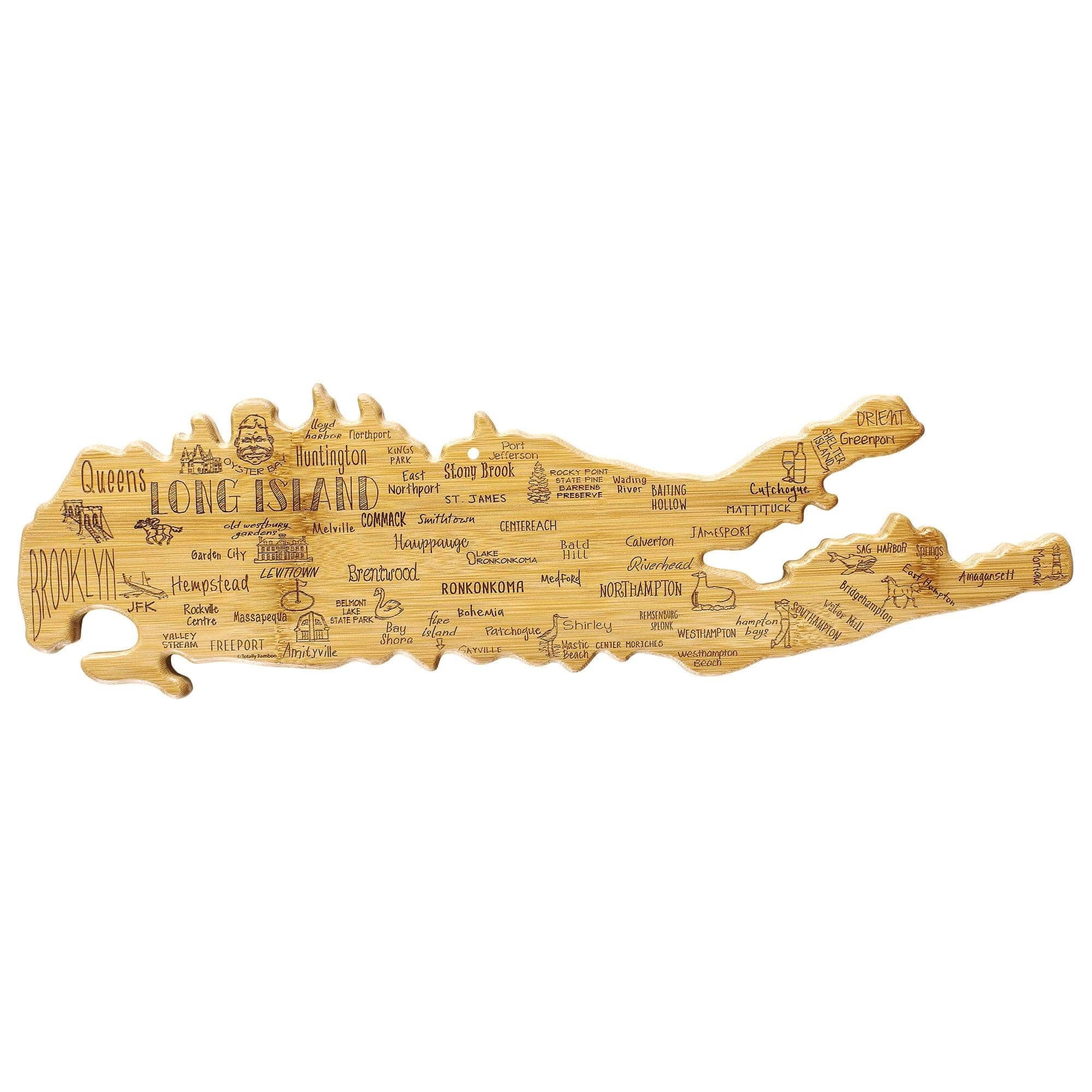 Totally Bamboo Long Island Shaped Cutting Board – Bamboo Charcuterie and Serving Board with Hang Tie for Wall Display