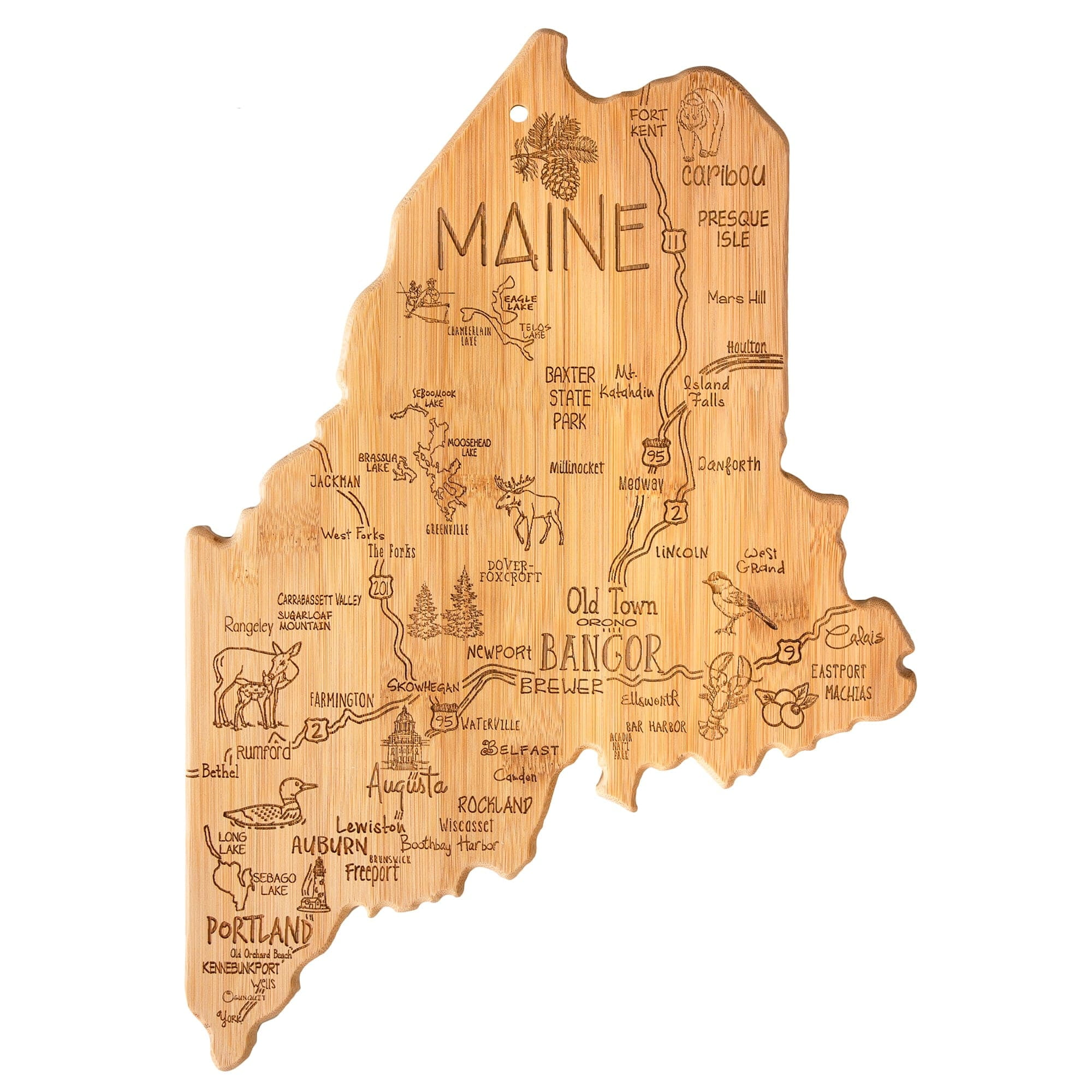 Maine Shaped Bamboo Cutting and Serving Board with Engraved Artwork