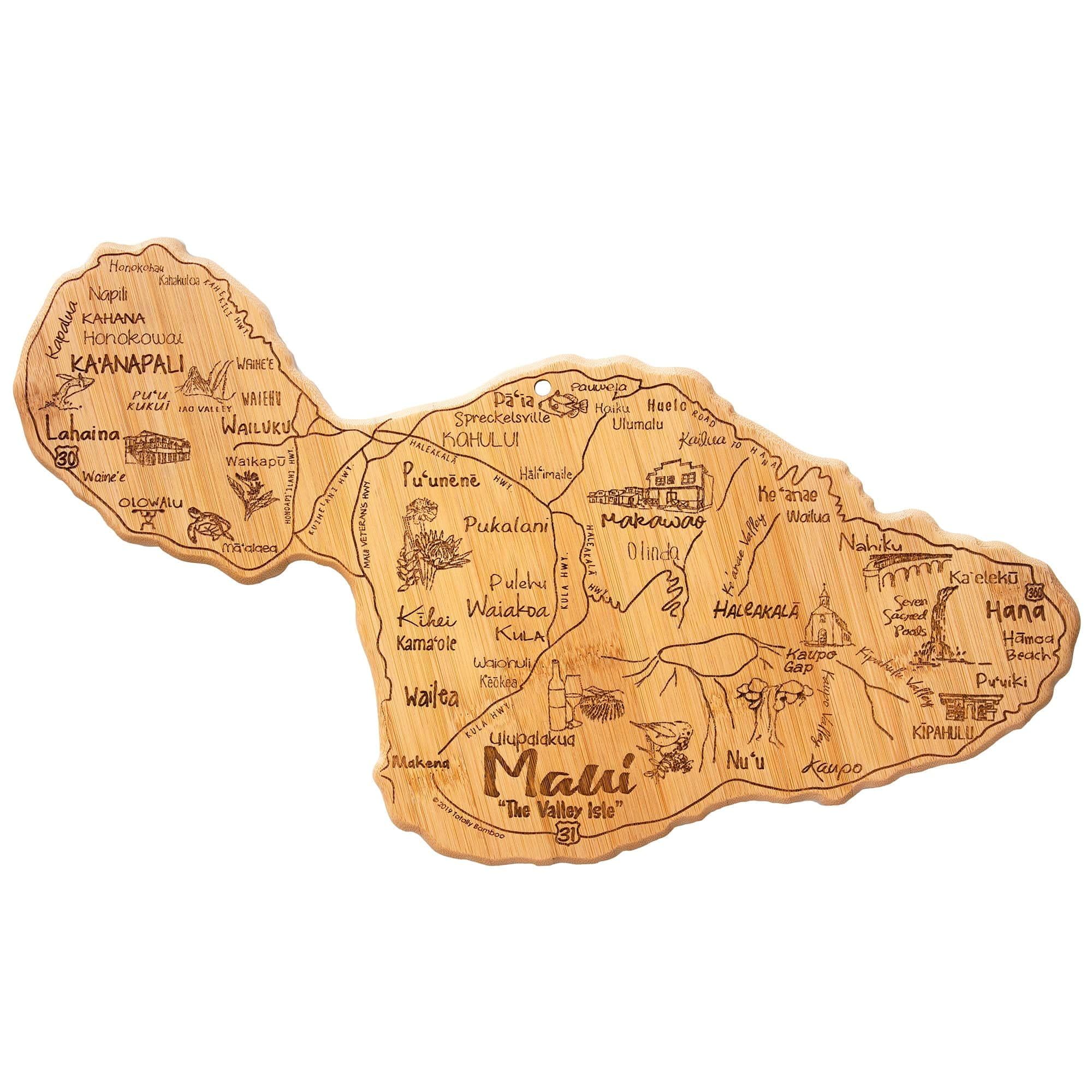 Maui Island Shaped Bamboo Serving and Cutting Board with Engraved Design