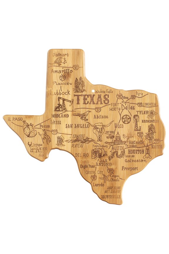 Destination Texas State Shaped Serving and Cutting Board, Includes Hang Tie for Wall Display
