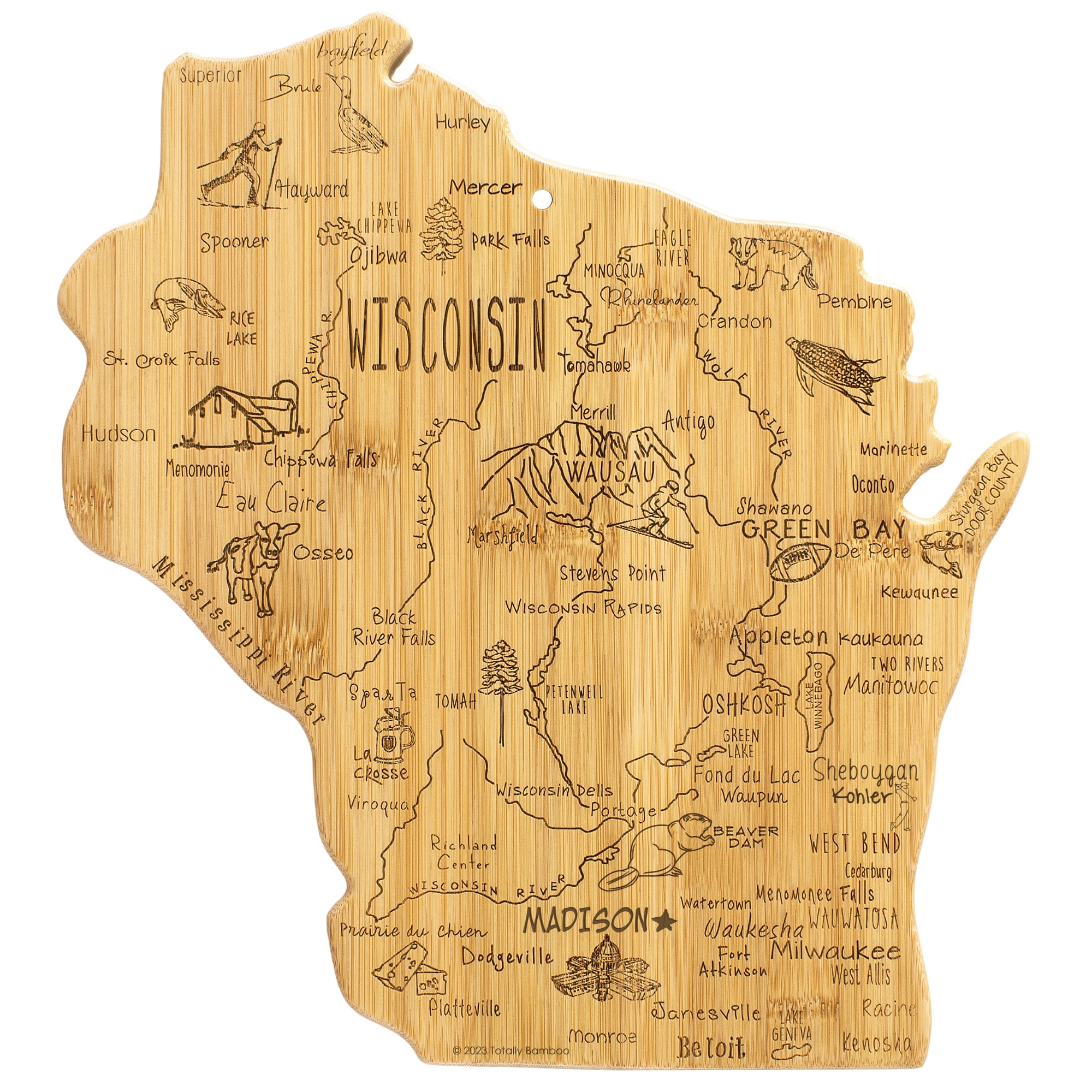 Wisconsin Shaped Bamboo Cutting and Serving Board with Engraved Artwork