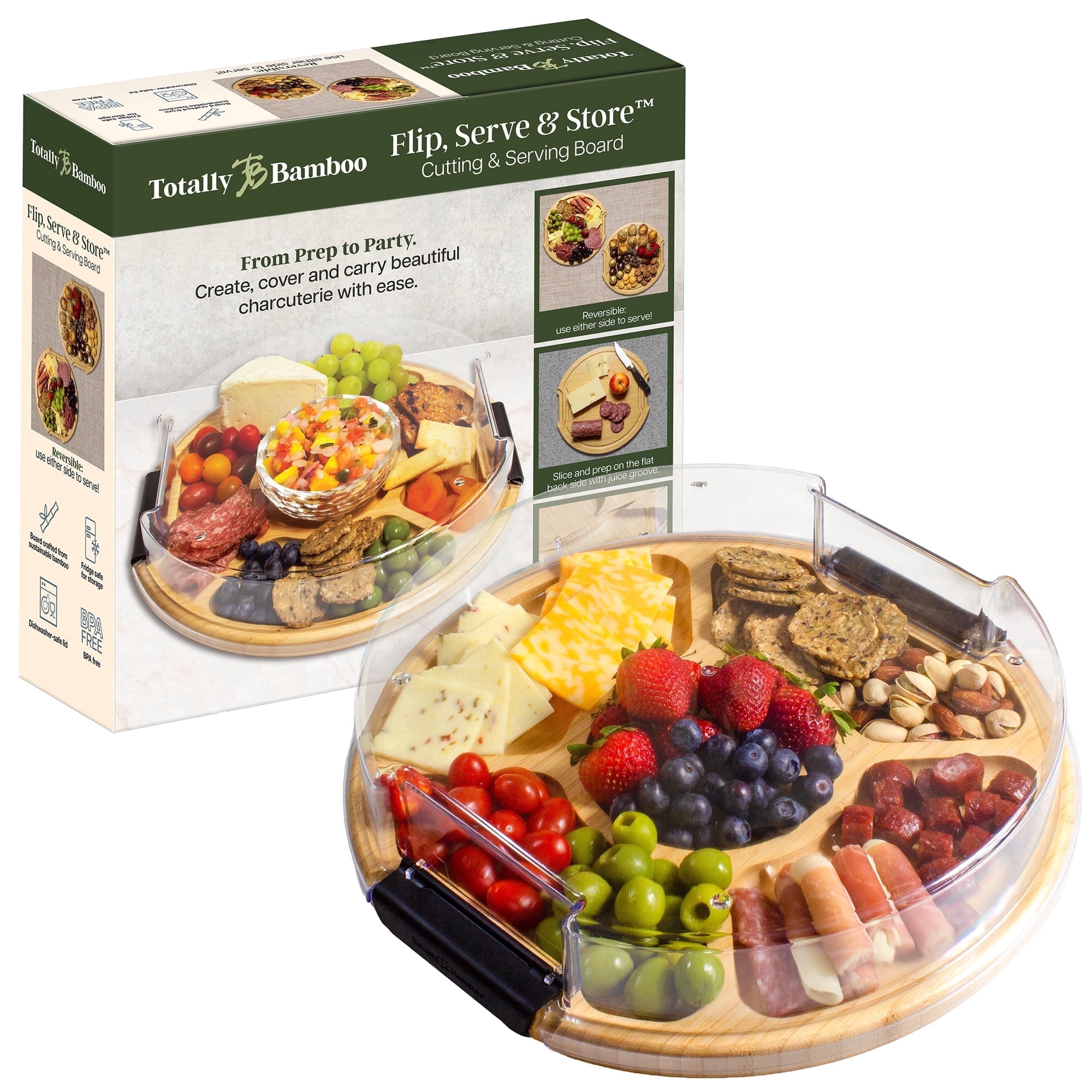 Totally Bamboo Flip, Serve & Store Charcuterie Board with Lid – Reversible Cutting Board & Serving Tray with Compartments, Juice Groove Side, Locking Travel Cover, 12.75 x 12.2  Inches
