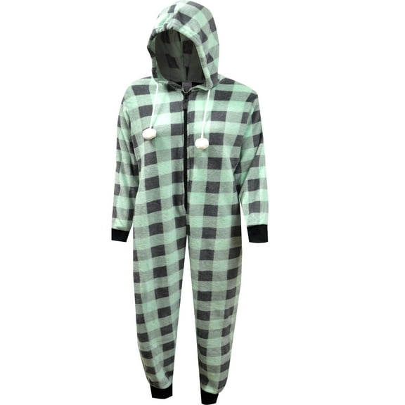 Totally Pink! Womens Mint Green and Gray Buffalo Plaid Print Plus Size Hooded Onesie (1X/2X)