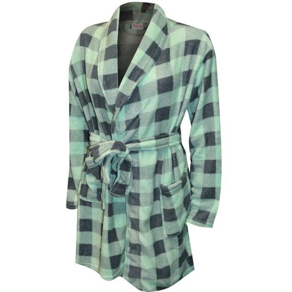 Totally Pink! Womens Mint Green and Gray Buffalo Plaid Print Plus Size Plush Robe (1X/2X)