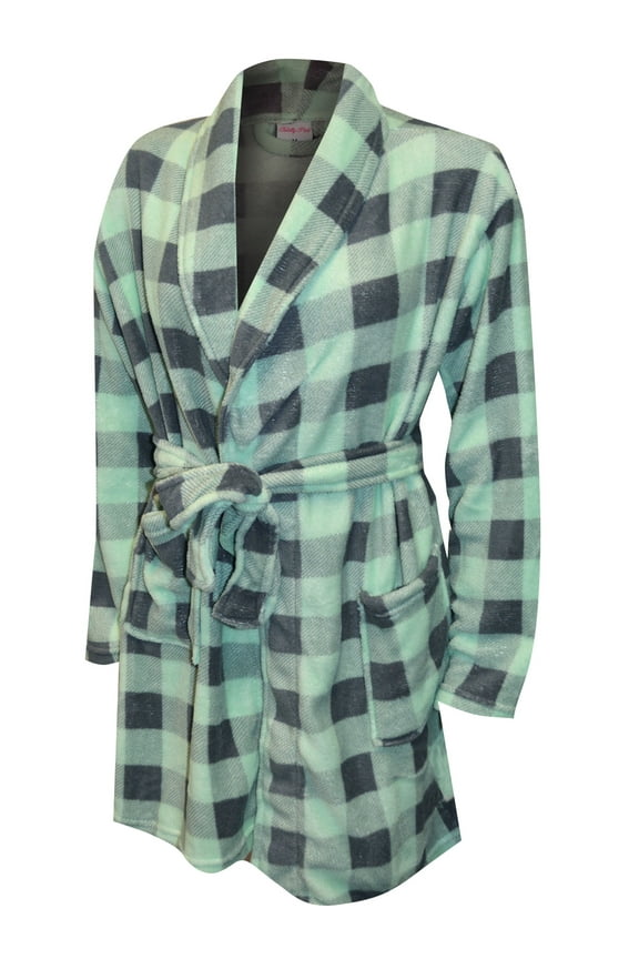 ! Womens Mint Green and Gray Buffalo Plaid Print Plus Size Plush Robe (1X/2X)