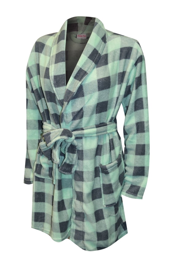 ! Womens Mint Green and Gray Buffalo Plaid Print Plush Robe (Medium)