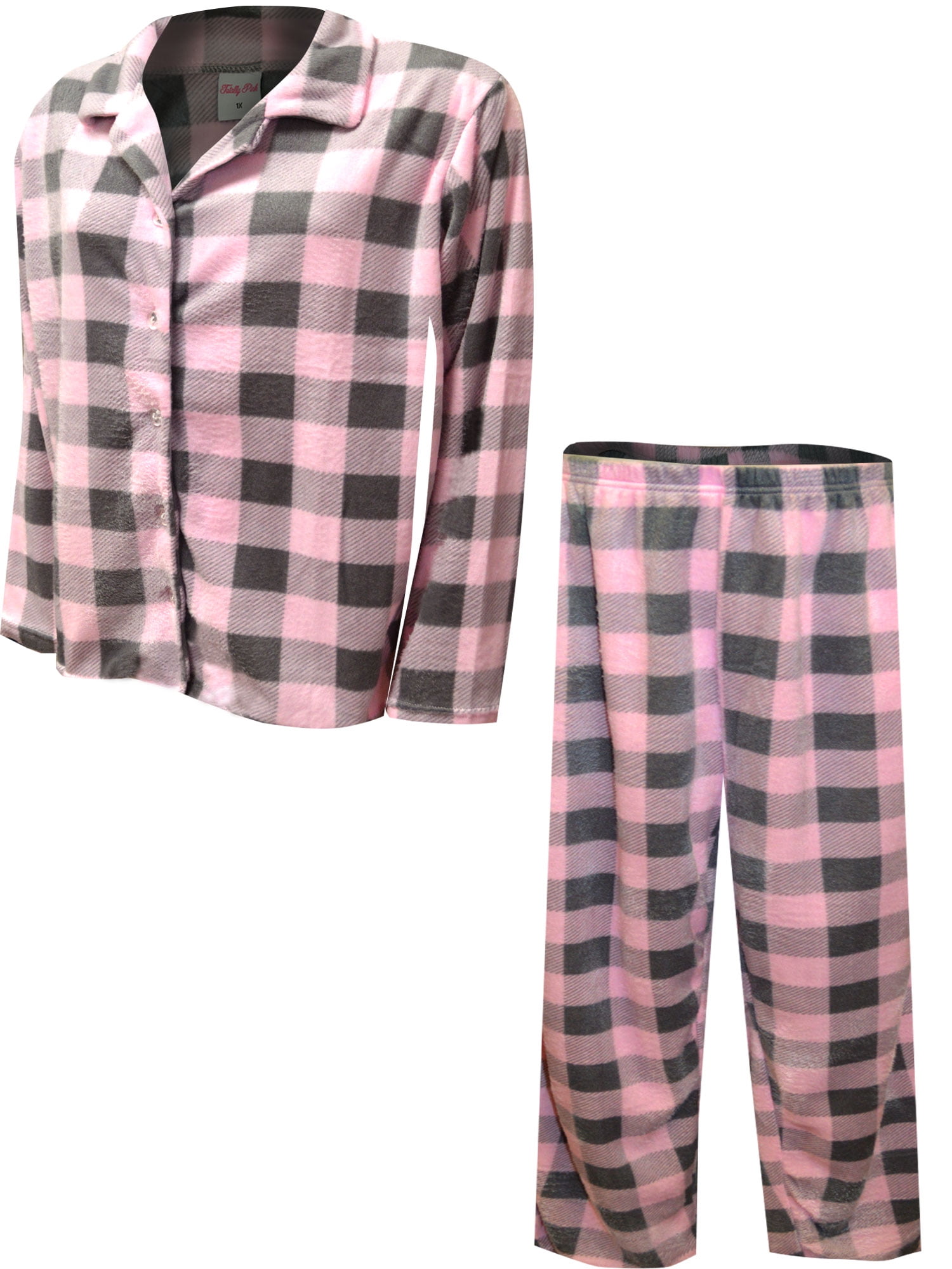 Totally Pink! Womens Pink and Gray Buffalo Plaid Plus Size Traditional Fleece  Pajama (1X) 