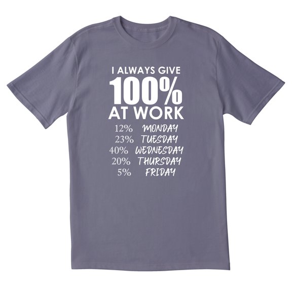 TotallyTorn I Always Give 100% At Work 12% Monday 23% Tuesday 40% Wednesday 20% Thursday 5% Friday Novelty Sarcastic Funny Mens Graphic T Shirts