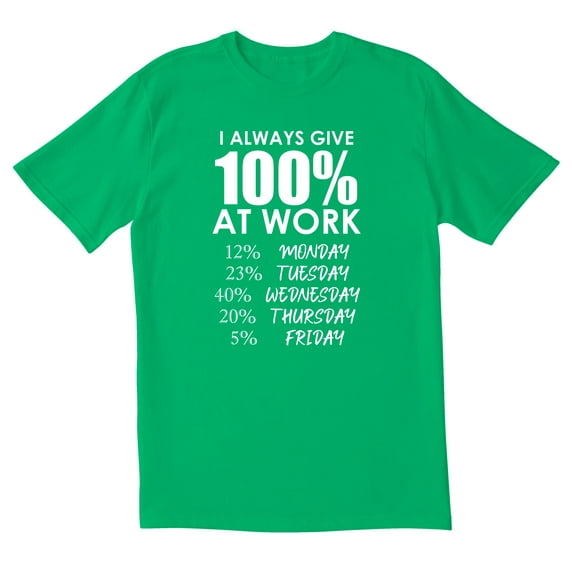 TotallyTorn I Always Give 100% At Work 12% Monday 23% Tuesday 40% Wednesday 20% Thursday 5% Friday Novelty Sarcastic Funny Mens Graphic T Shirts
