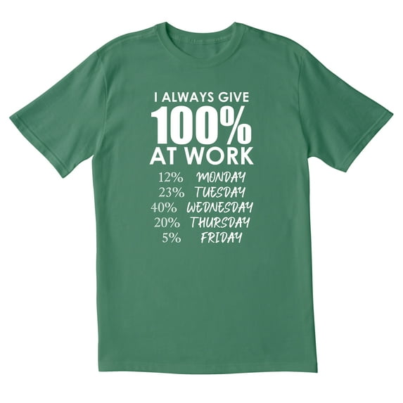 TotallyTorn I Always Give 100% At Work 12% Monday 23% Tuesday 40% Wednesday 20% Thursday 5% Friday Novelty Sarcastic Funny Mens Graphic T Shirts