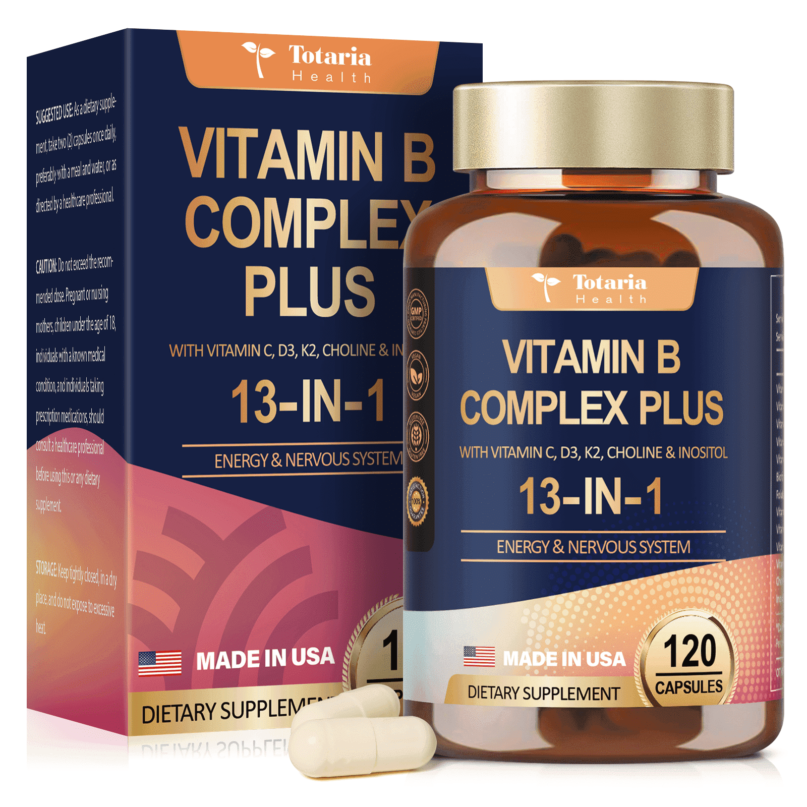 Totaria 13-in-1 Vitamin B Complex Plus - Energy, Nerve, Immune, Skin Support - 120 Capsules