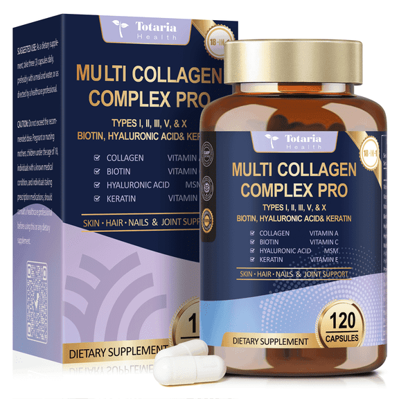 Totaria 18-in-1 Collagen Pro - Multi Collagen Peptides Type I II III V X for Skin, Hair, Nails & Joint Support, 120 Vegan Capsules
