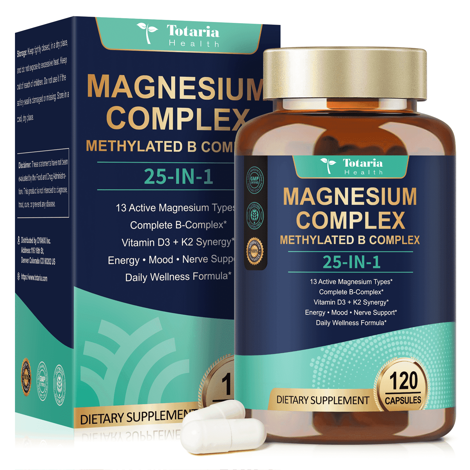 Totaria 25-in-1 Magnesium Complex with Methylated B Complex & D3 K2, Supplement for Relaxation, Energy & Nerve Support, 120 Vegan Capsules