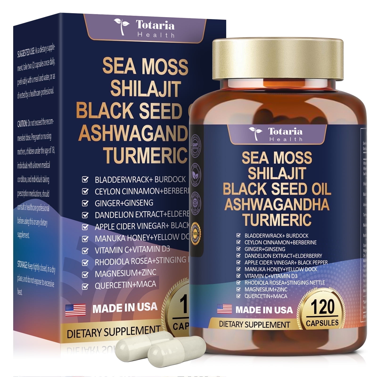 Totaria 25-in-1 Sea Moss Black Seed Oil Capsules with Immune, Gut & Energy Support, 120 Capsules