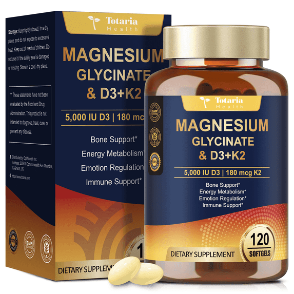 Totaria 9-in-1 Magnesium Glycinate With D3 & K2 Complex, High Absorption Softgels for Relaxation, Sleep, Muscle Function & Bone Health, Non-GMO, Gluten-Free, 120 Capsules