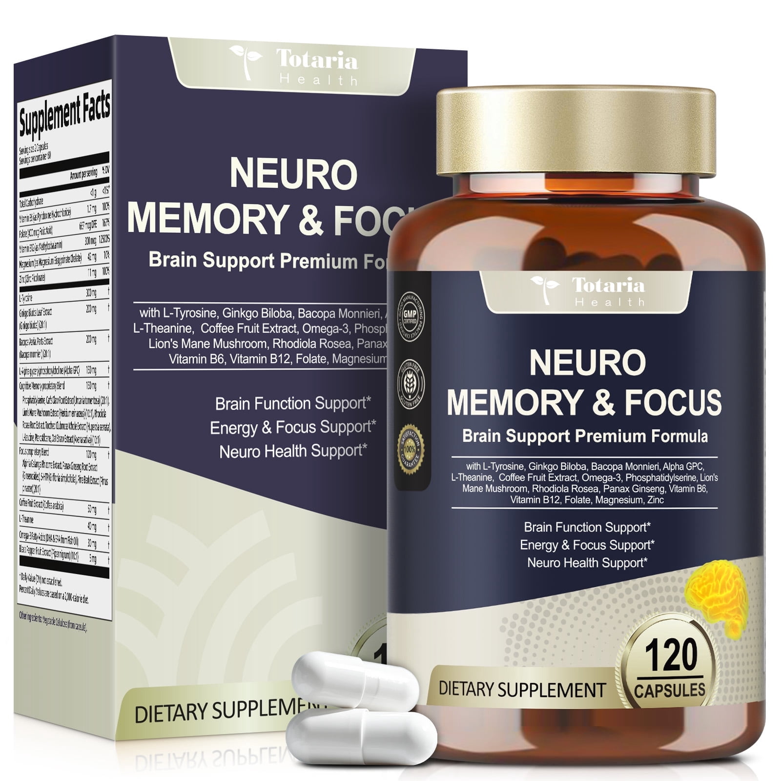 Totaria Brain Supplements for Memory and Focus - Nootropic Cognitive Support for Mental Clarity, Non-GMO, Gluten Free, 120 Capsules