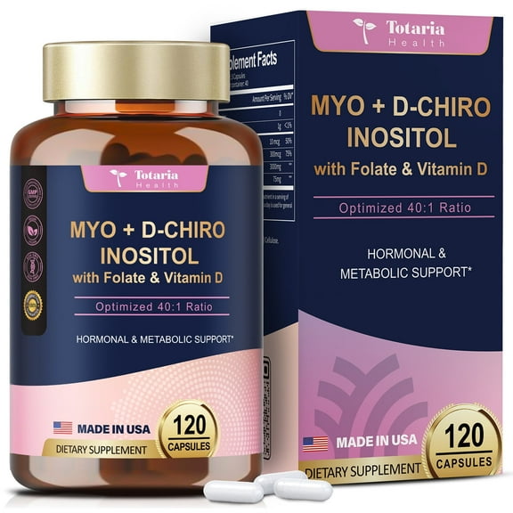 Totaria Myo-Inositol & D-Chiro Inositol Capsules Supplement for Hormonal Balance and Ovarian Support, Vegan, 120 Capsules