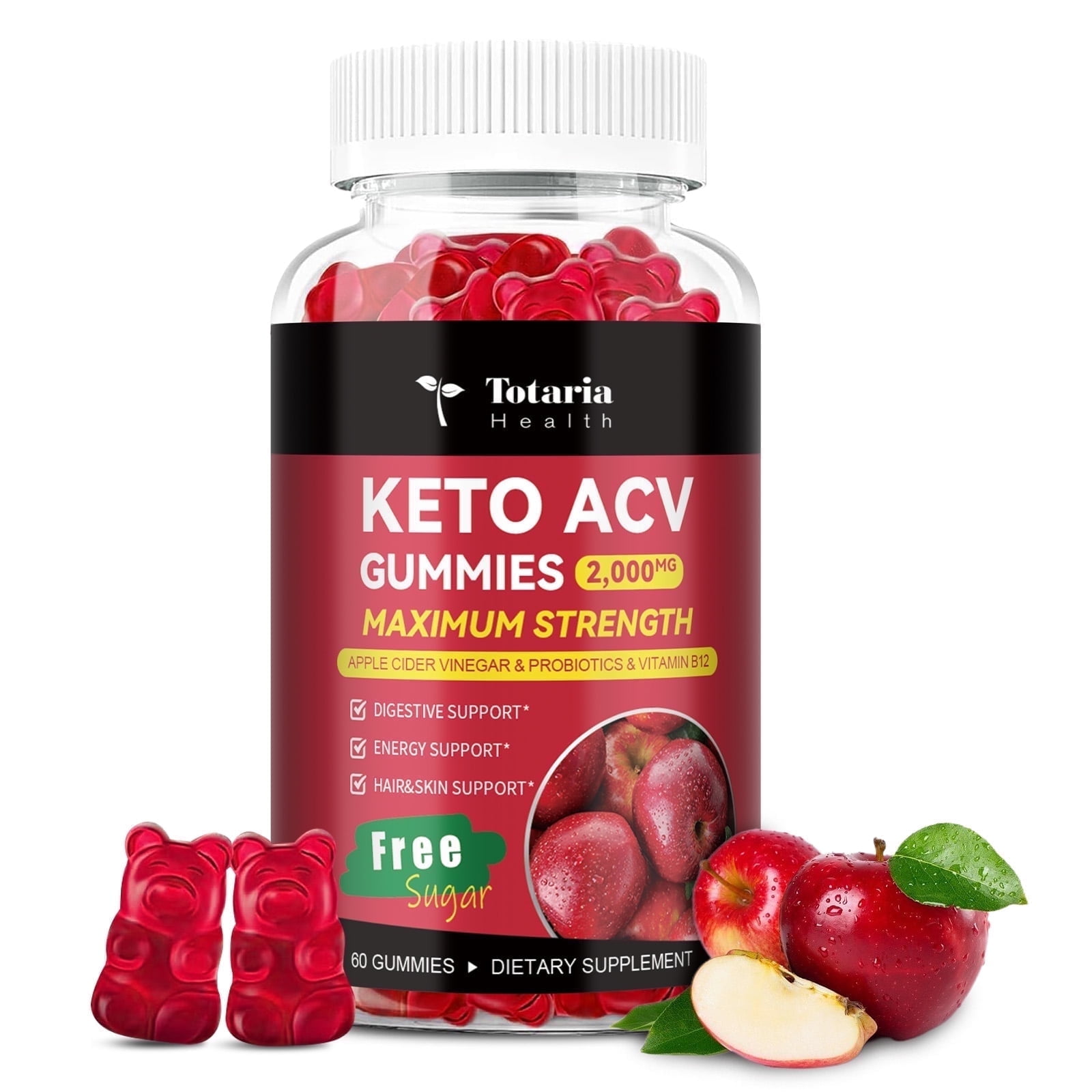 Totaria Keto ACV Gummies - 2000mg Apple Cider Vinegar Gummies, Sugar-Free, with Probiotics & B12, Keto Supplements for Women & Men, 60 Count