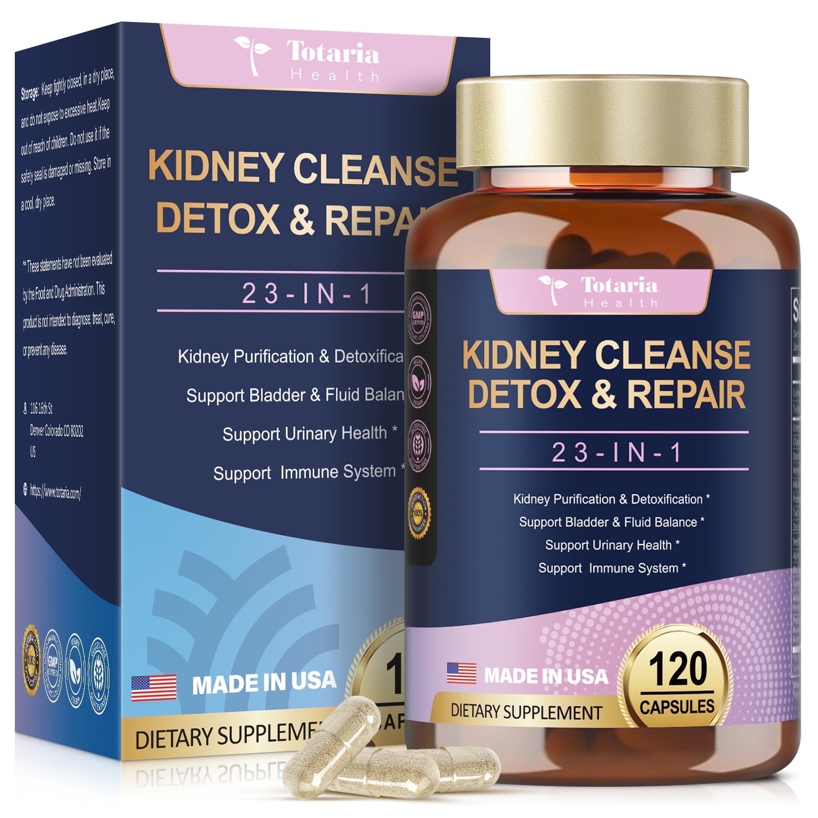 Totaria Kidney Cleanse Detox & Repair Capsules, 23-in-1 for Liver & Kidney Support, Urinary Tract Health, 120 Capsules