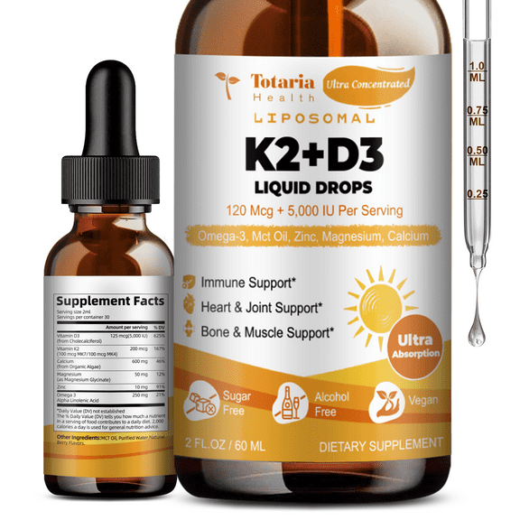 Totaria Liposomal Liquid Vitamin D3 5000 IU + K2 200mcg Drops - Bone Strength & Immune Support, Non-GMO (2 fl.oz)