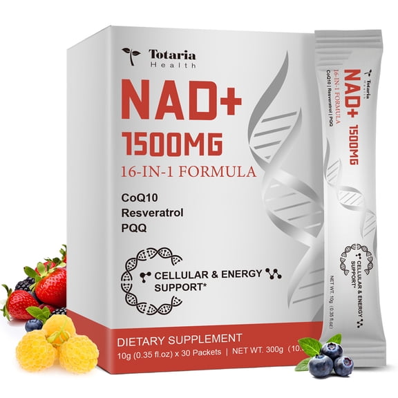 Totaria NAD+ Liquid Supplement 1500mg, 16-in-1 Formula, Berry Flavor, Supports Cellular Energy & Focus, 30 Single-Serve Packets, Gluten Free
